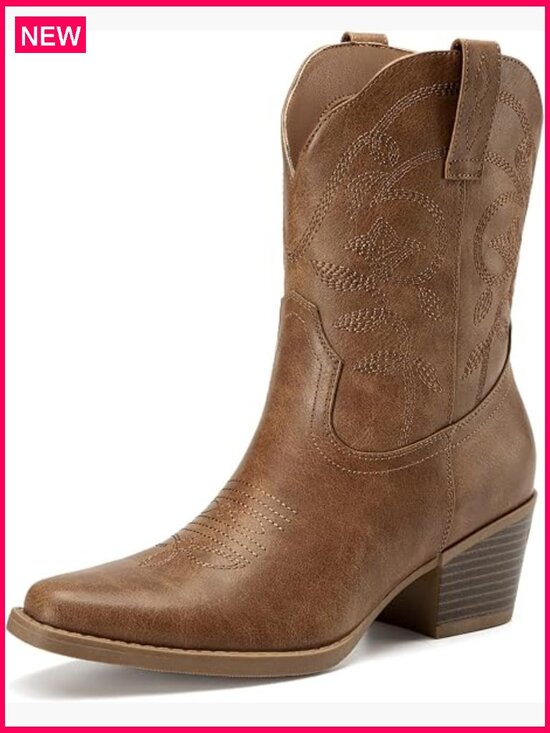 Shoes - Women's Cowboy Ankle Boots Square Toe Chunky Heel Embroidery Western Short